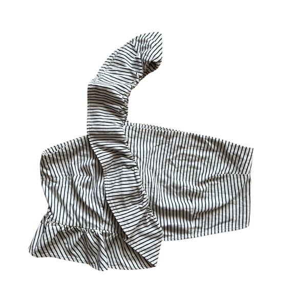 Future Collective Striped One Shoulder Denim Cropped Top Black White Sz XL - Picture 1 of 10